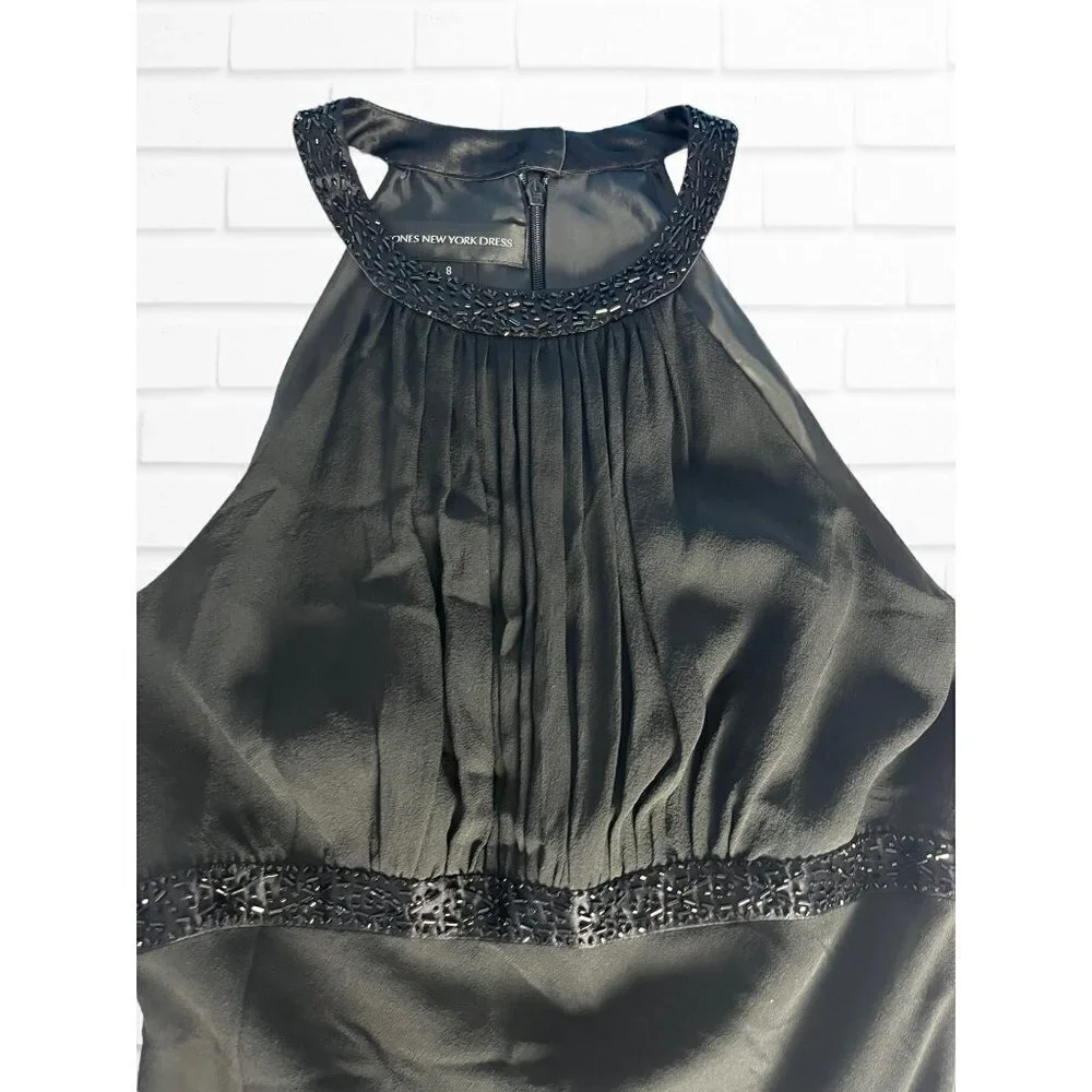 Jones‎ New York Dress Women's Sz 8 Black Formal Midi Beaded 100% Silk Halter